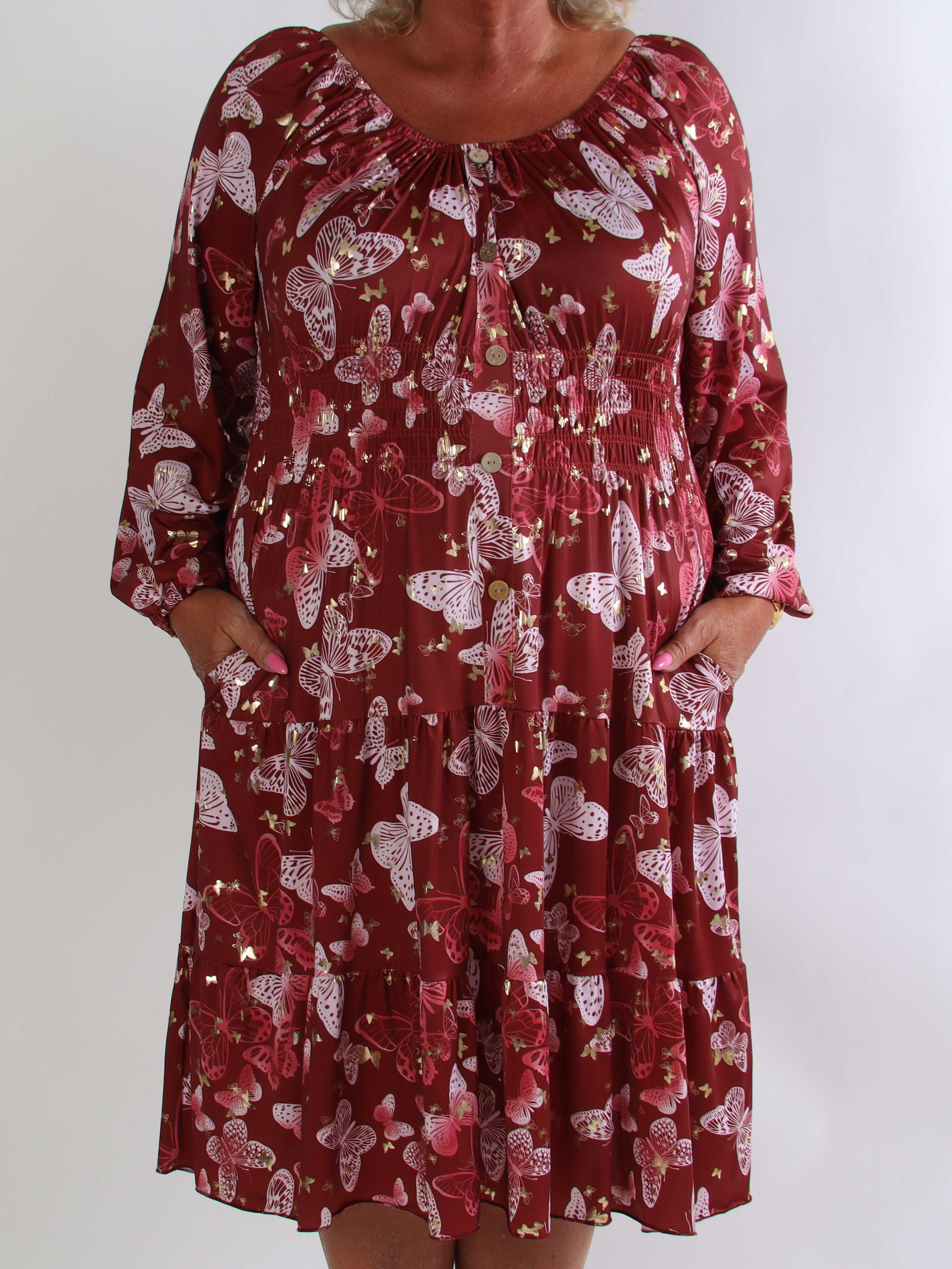 Tea Butterfly L/S - Plus size kjole med elastik i livet og sommerfugleprint
